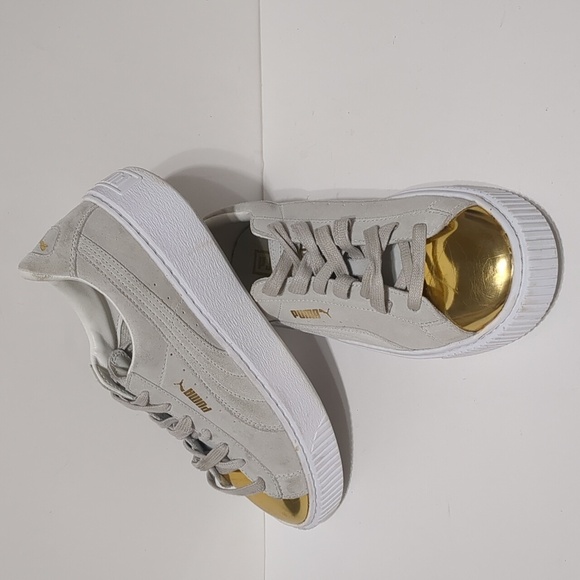 Puma Gray Suede Gold Patent Toe Creeper Platform Sneakers women's 8.5 - Picture 5 of 9